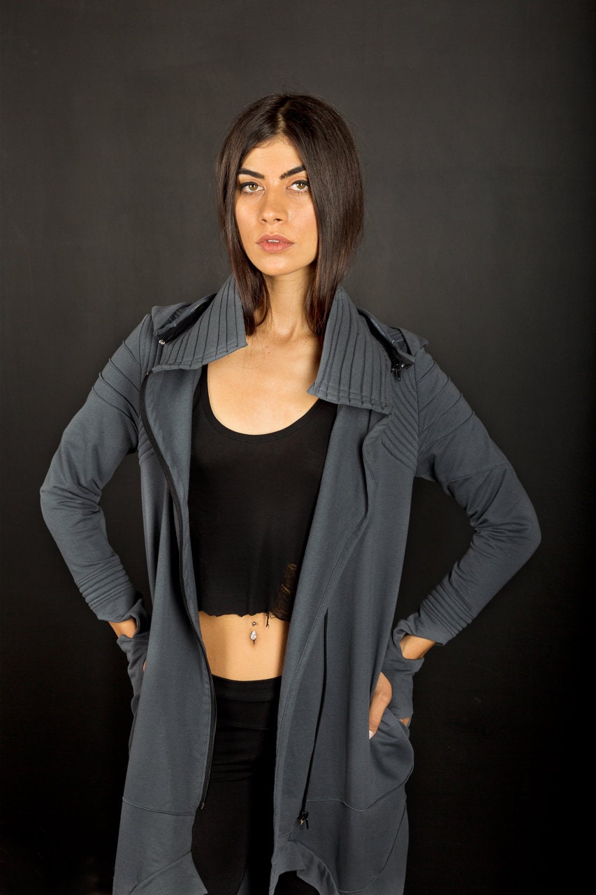 Cyberpunk Long Asymmetric Coat With Hood And Thumb Holes