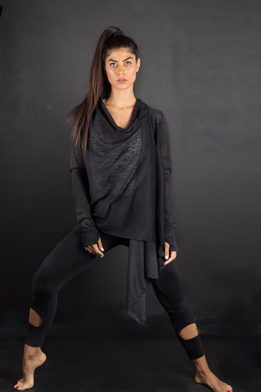Women's Black Asymmetric Cotton Lycra Jacket
