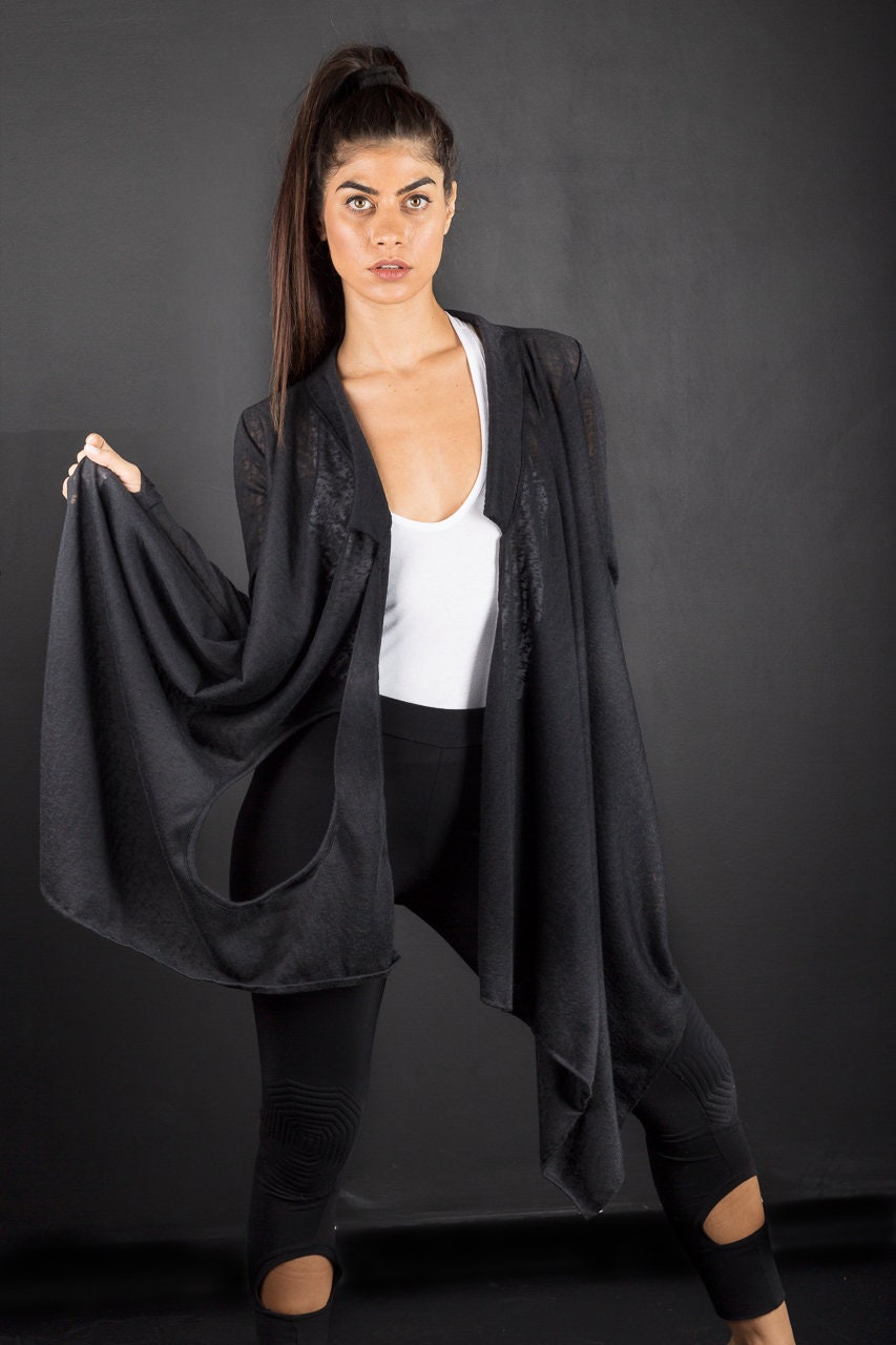 Women's Black Asymmetric Cotton Lycra Jacket