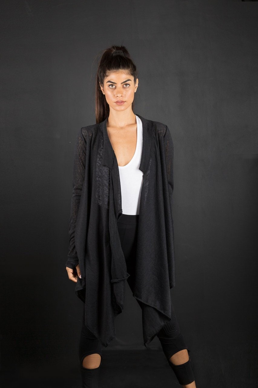 Women's Asymmetric Cotton Lycra Jacket / Cyberpunk Multi-Functional Futuristic Cardigan / Thumb Holes Sleeves Loose Cardigan