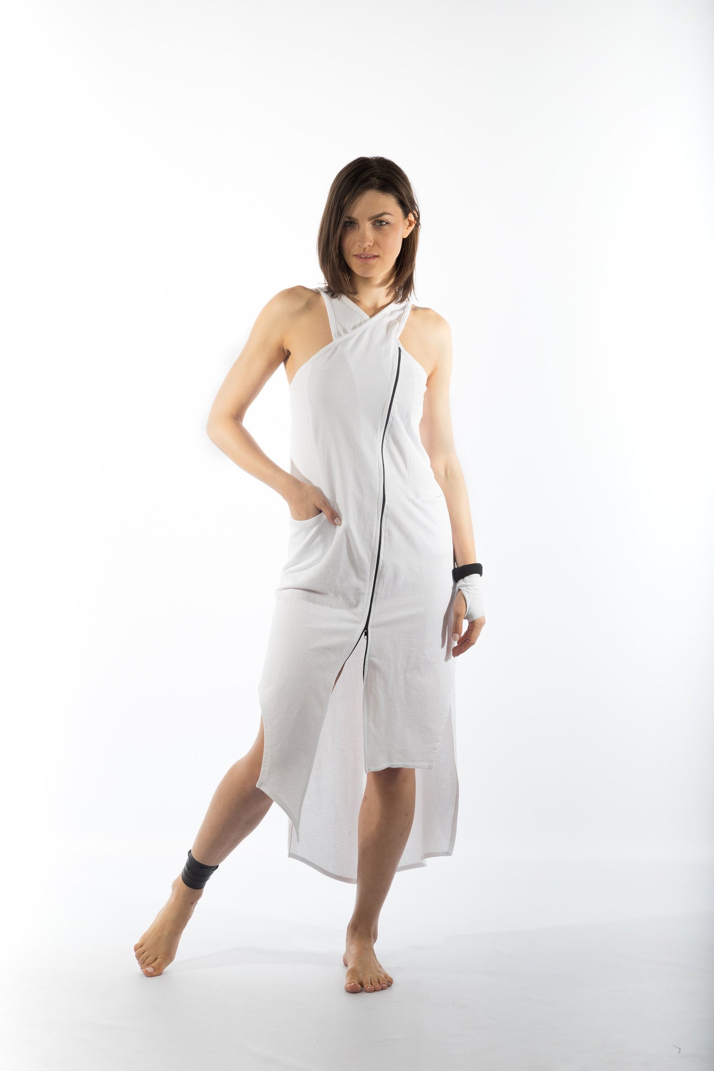 Sleeveless Front Zipper Asymmetric Dress