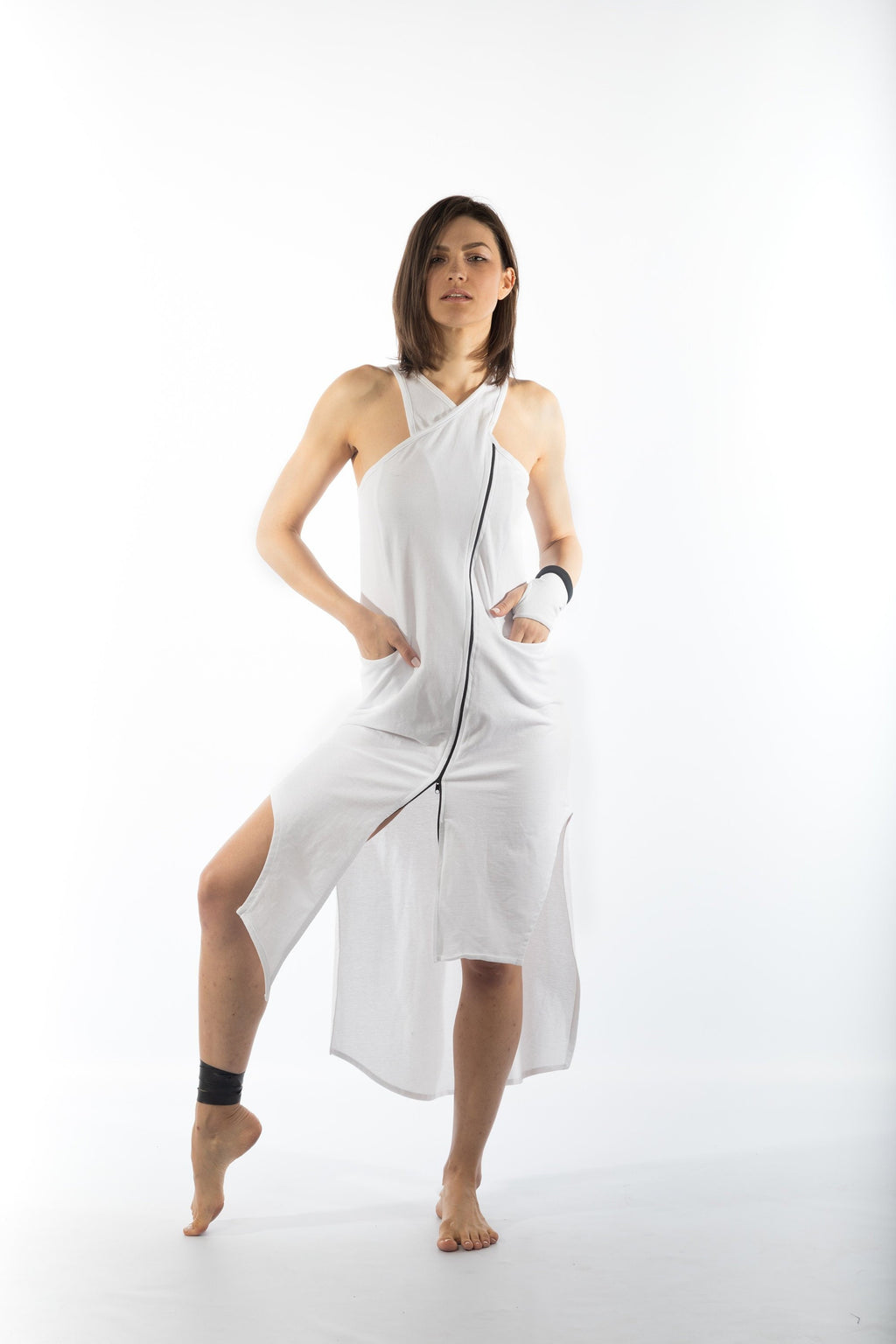 Sleeveless Front Zipper Asymmetric Dress