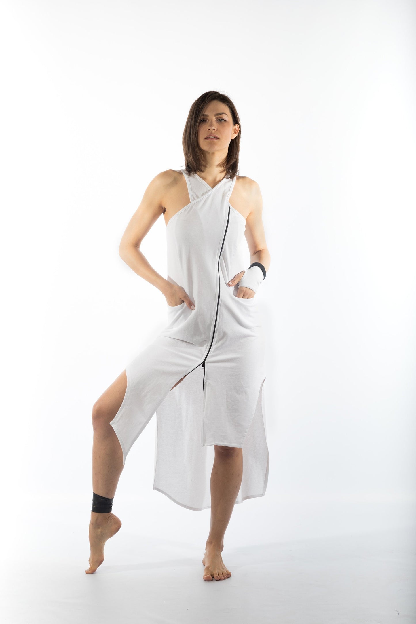 Sleeveless Front Zipper Asymmetric Dress