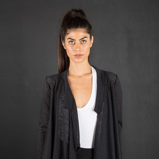 Women's Black Asymmetric Cotton Lycra Jacket