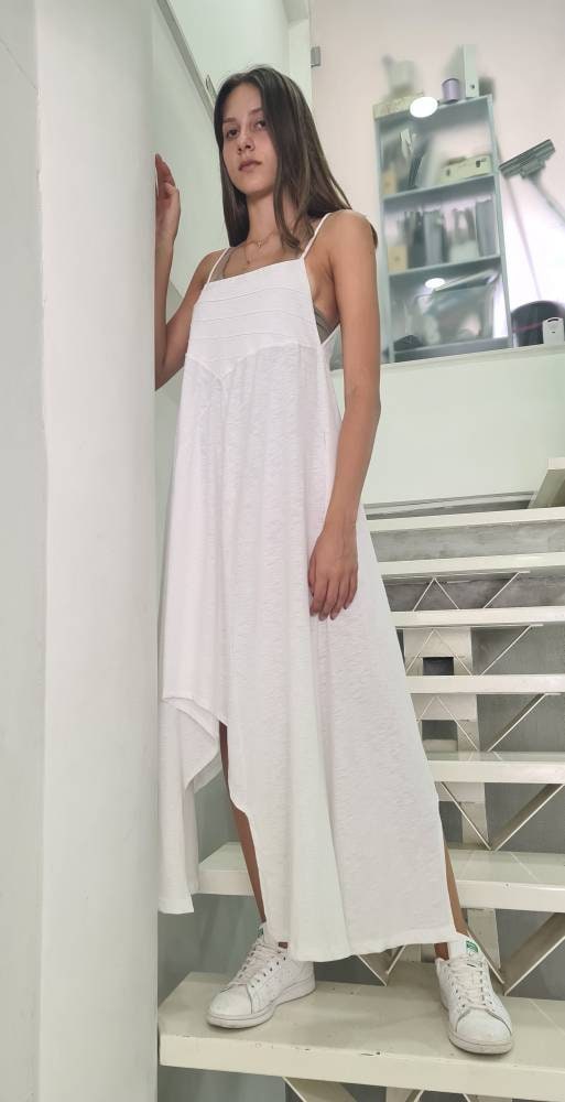 Asymmetrical Hemline Long Dress / Women's Cotton Asymmetric Maxi Dress / Loose Asymmetrical Maxi Dress