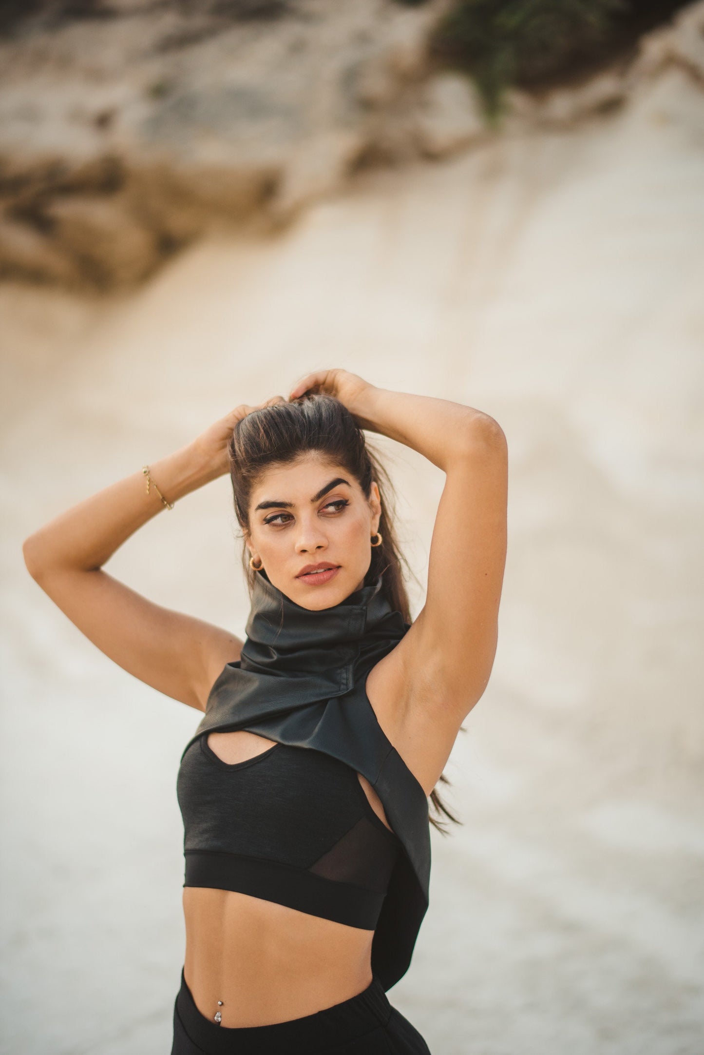 Women's Sleeveless Black Faux Leather High Collar Vest