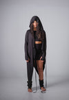 Women's Cotton Lycra Asymmetric Hooded Cardigan / Cyberpunk Black Cape / Hooded Witch Cloak / Thumb Hole Sweater / Wrap Cardigan