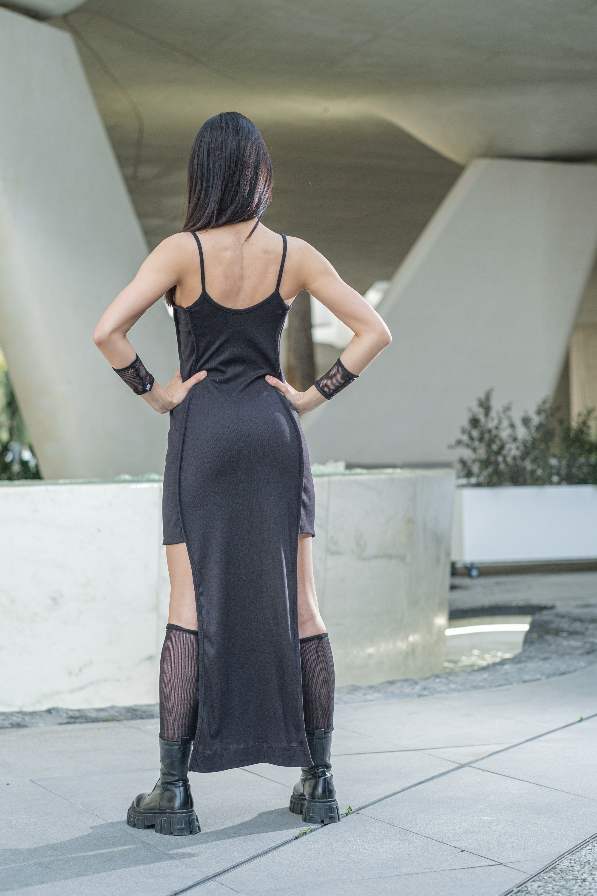 New Maxi Asymmetric Dress / Avant Garde Black Dress / Side Splits Long Dress