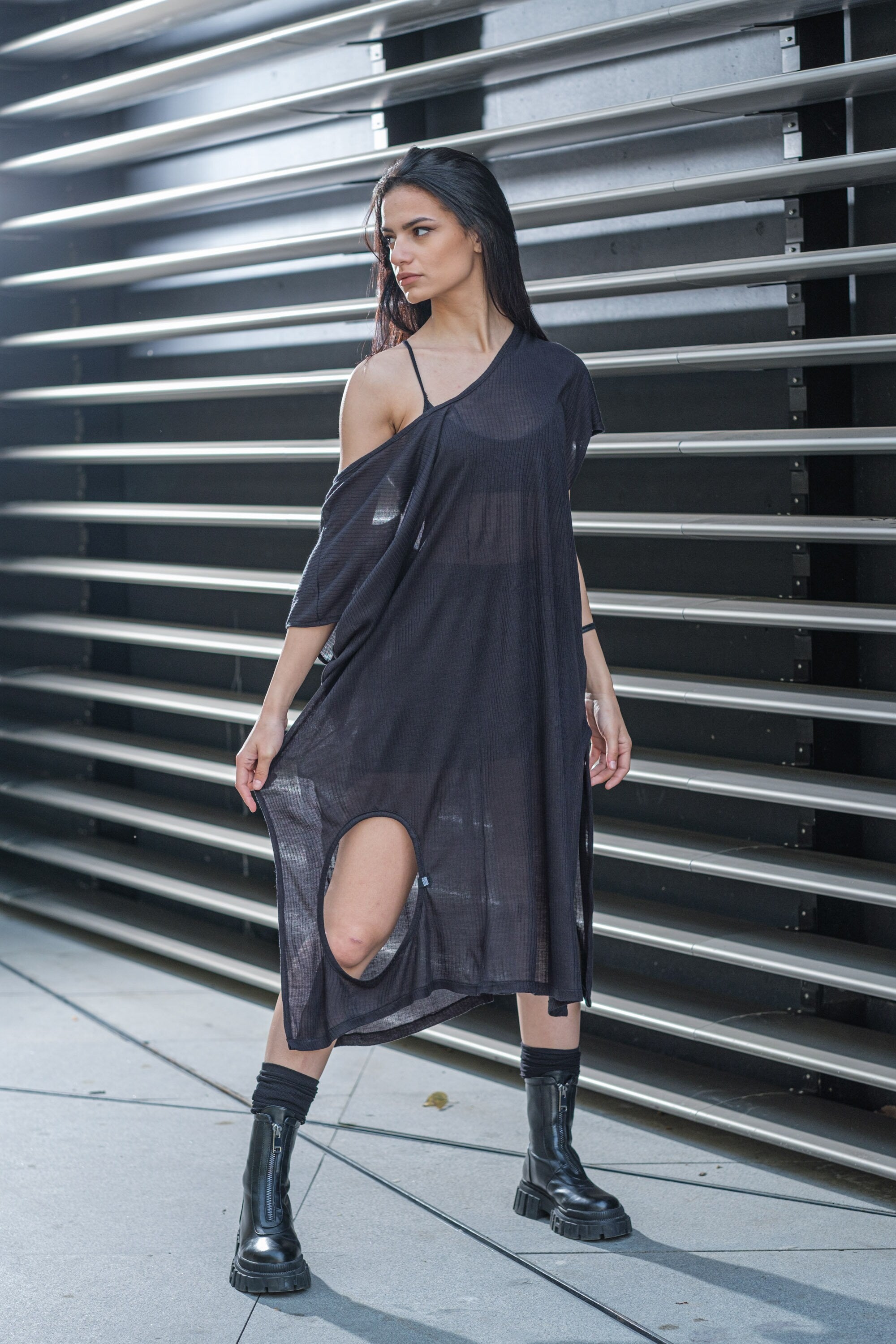 Women's Black Oversized Long Tunic / Casual Tunic Top / Short Sleeves Tunic / Cyberpunk Fashion / Plus Size / Extravagant Tunic Top / Off Shoulders Top