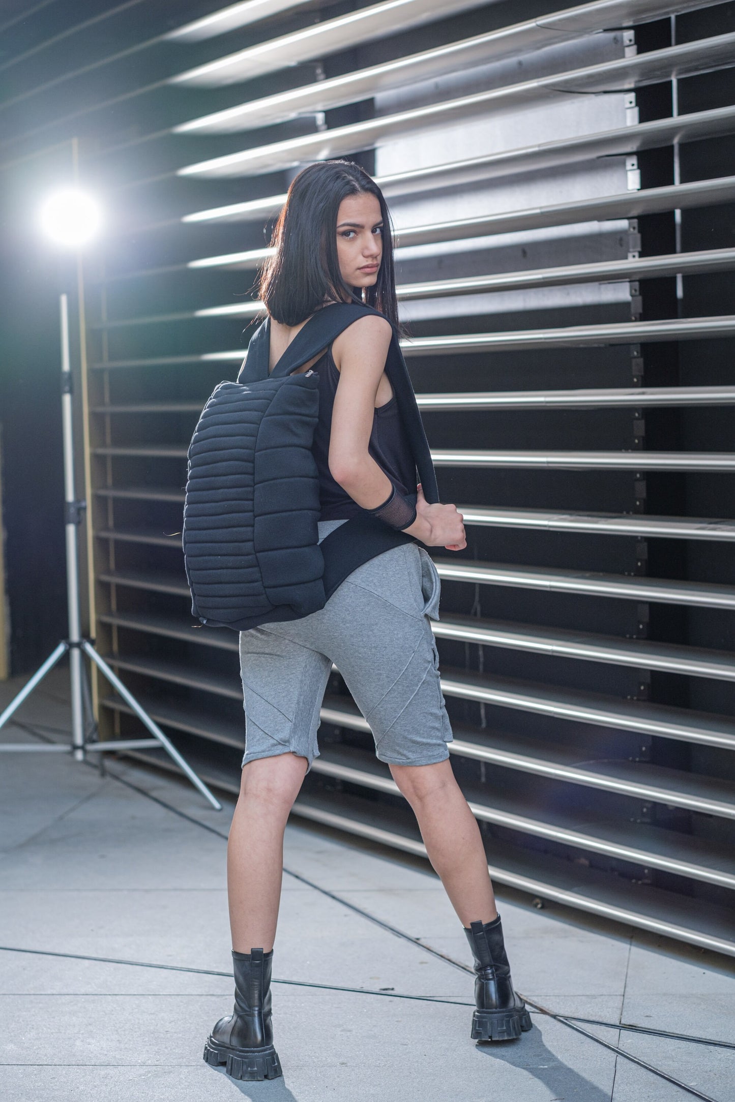 Large Black Quilted Cotton Backpack