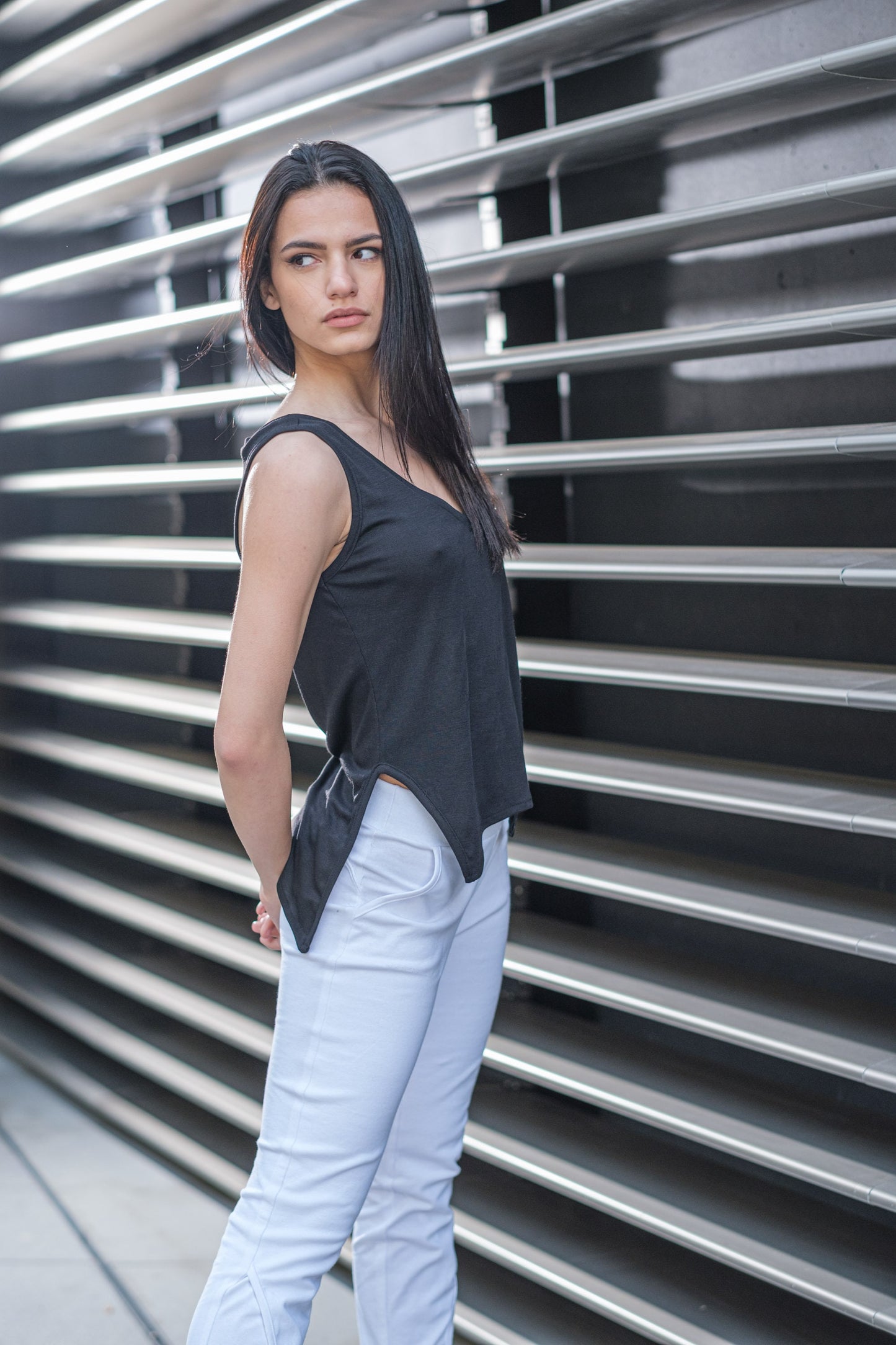 Black V Neck Sleeveless Top With Side Splits