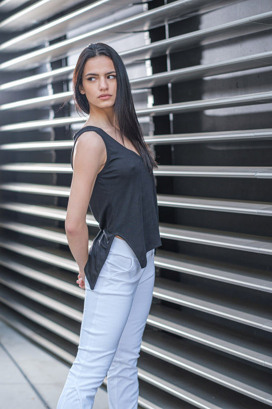 Black V Neck Sleeveless Top With Side Splits