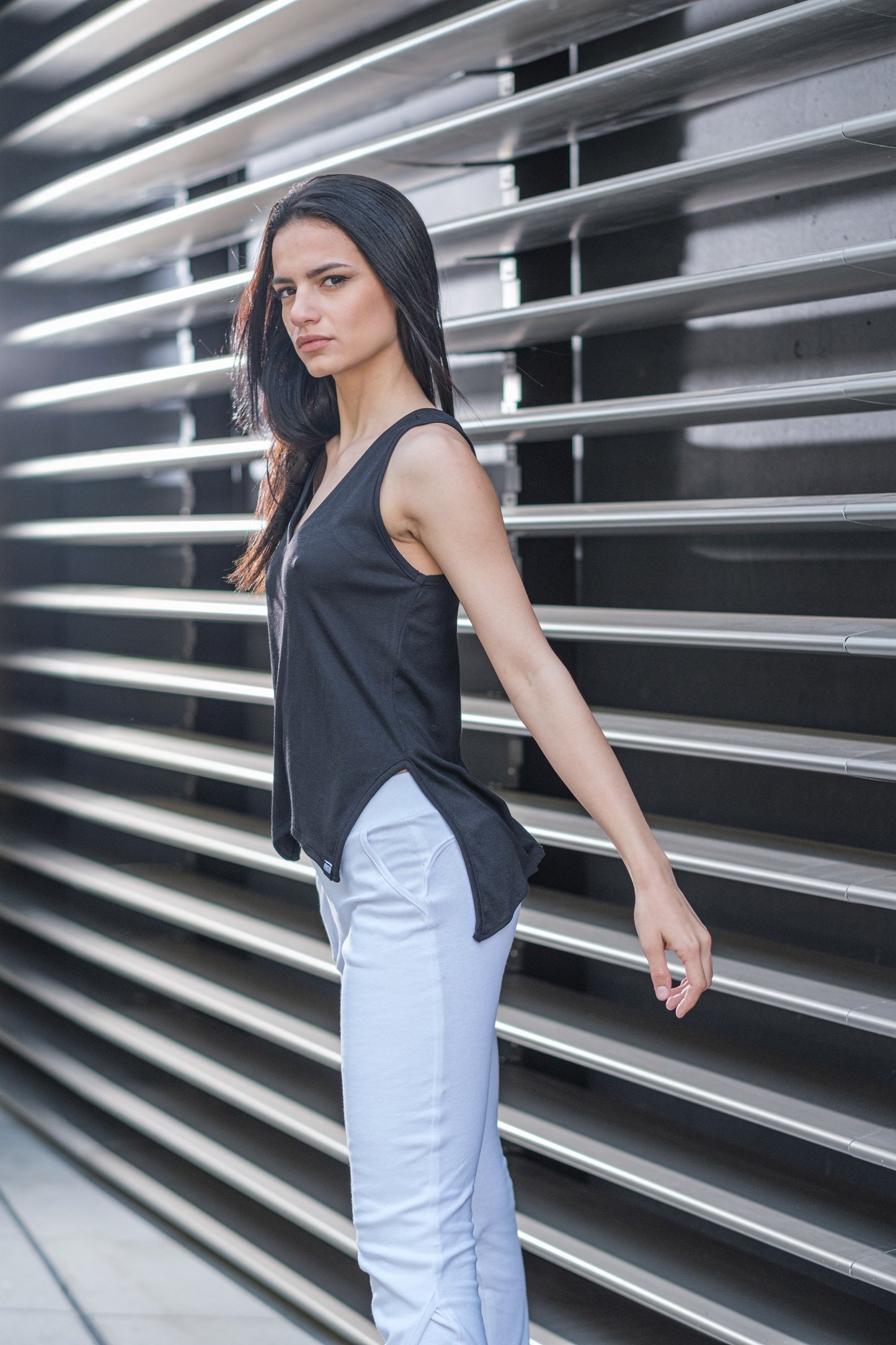 Black V Neck Sleeveless Top With Side Splits
