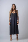 Black Strappy Midi Loose Dress / V-Neck Casual Side Splits Dress / Elegant Sleeveless Midi Dress