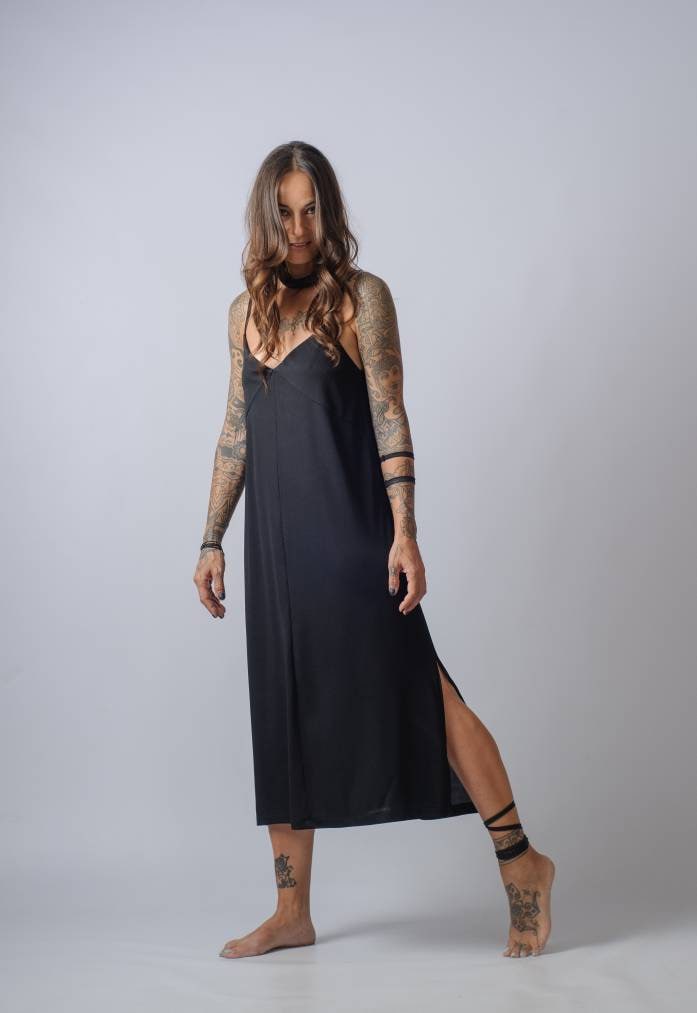 Black Strappy Midi Loose Dress