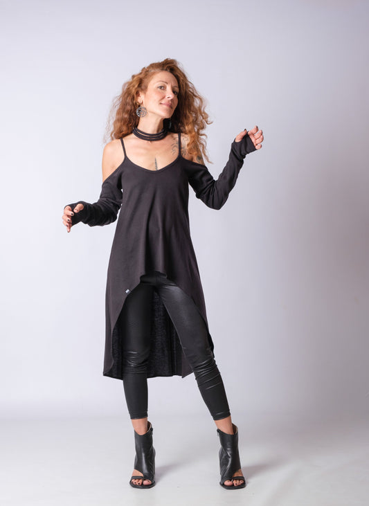 Long Strappy Asymmetric Black Cold Shoulder Top