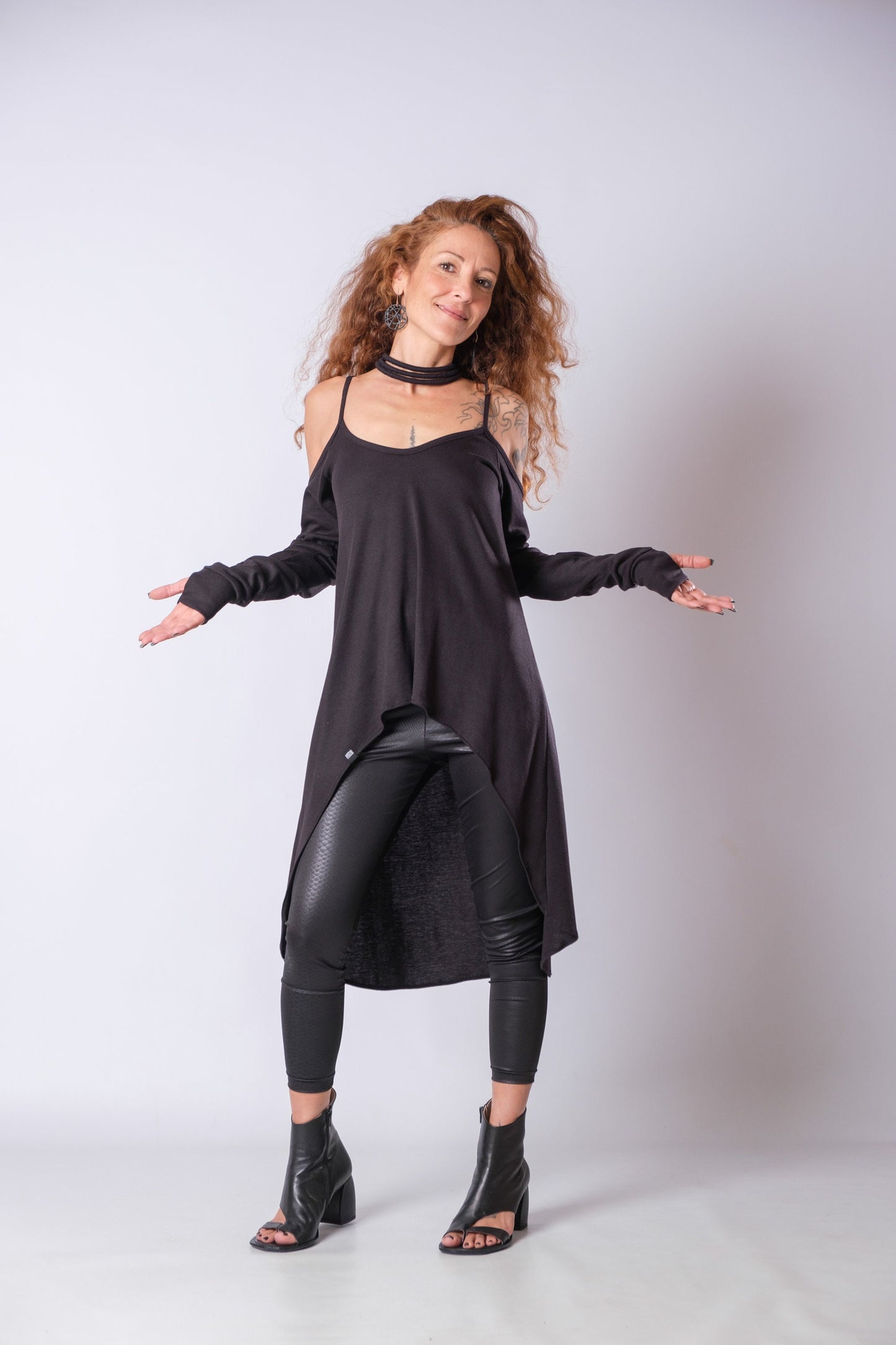 Long Strappy Asymmetric Black Cold Shoulder Top