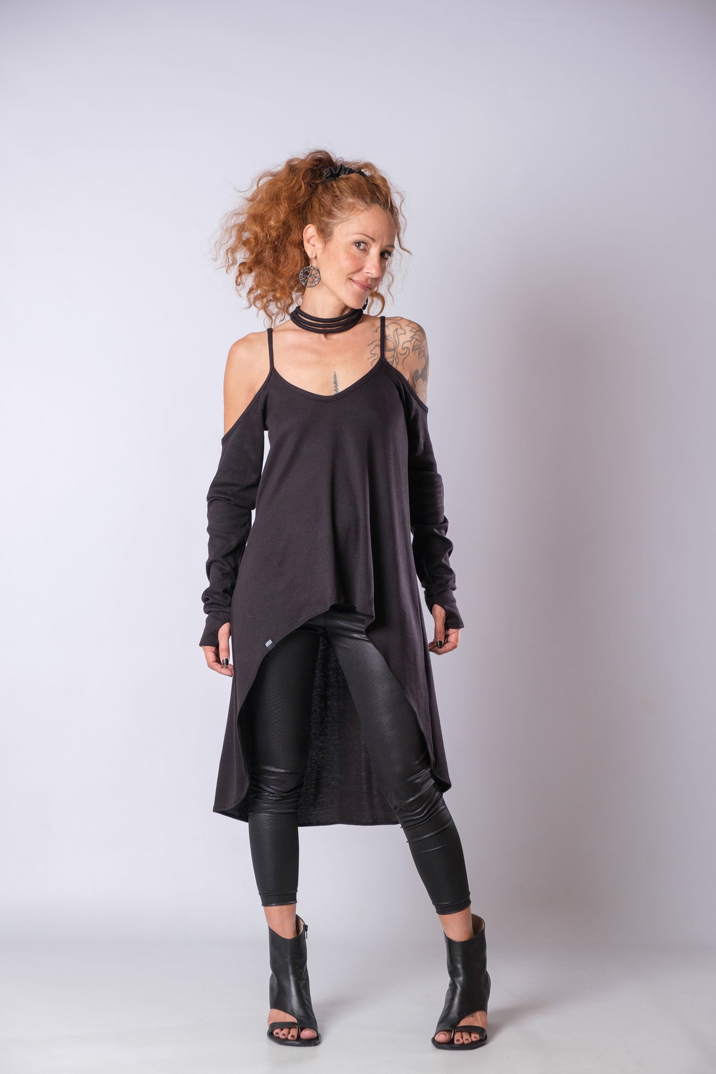 Long Strappy Asymmetric Black Cold Shoulder Top