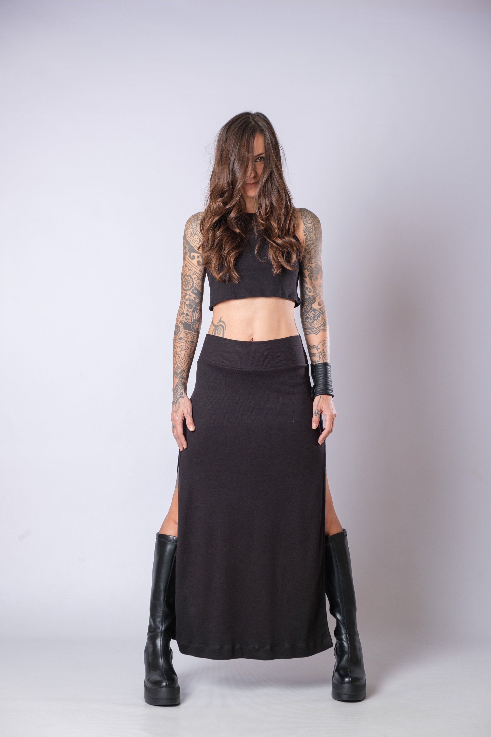 Women's Black High Waisted Soft Heavy Cotton Skirt / Elegant Maxi Skirt with Side Splits / Fitted Black Slit Skirt