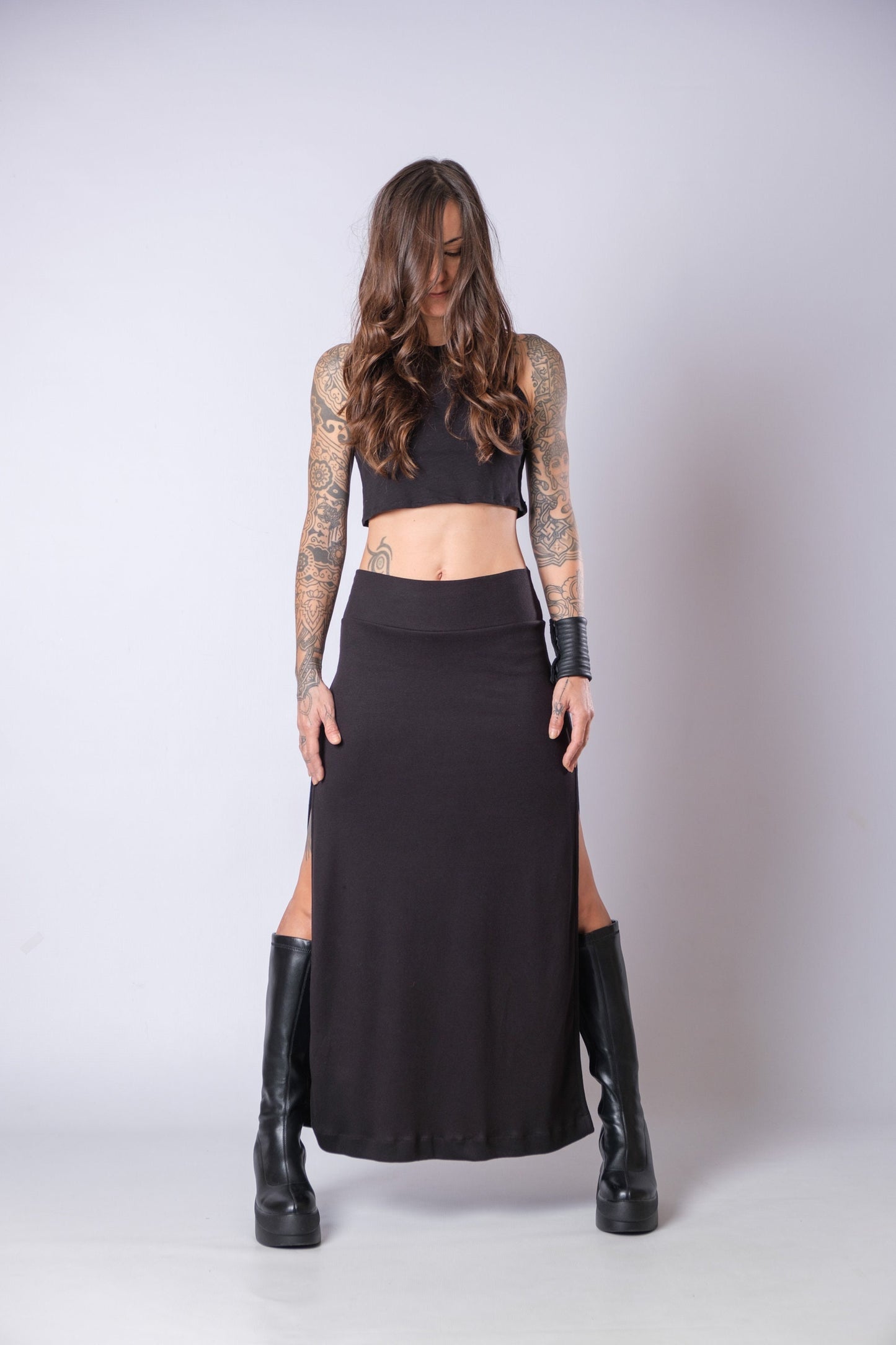 Women's Black High Waisted Soft Heavy Cotton Skirt