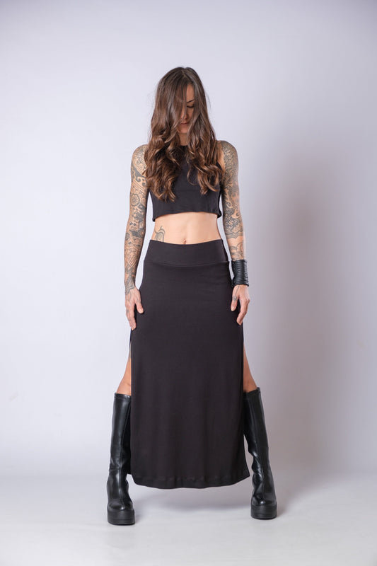 Women's Black High Waisted Soft Heavy Cotton Skirt