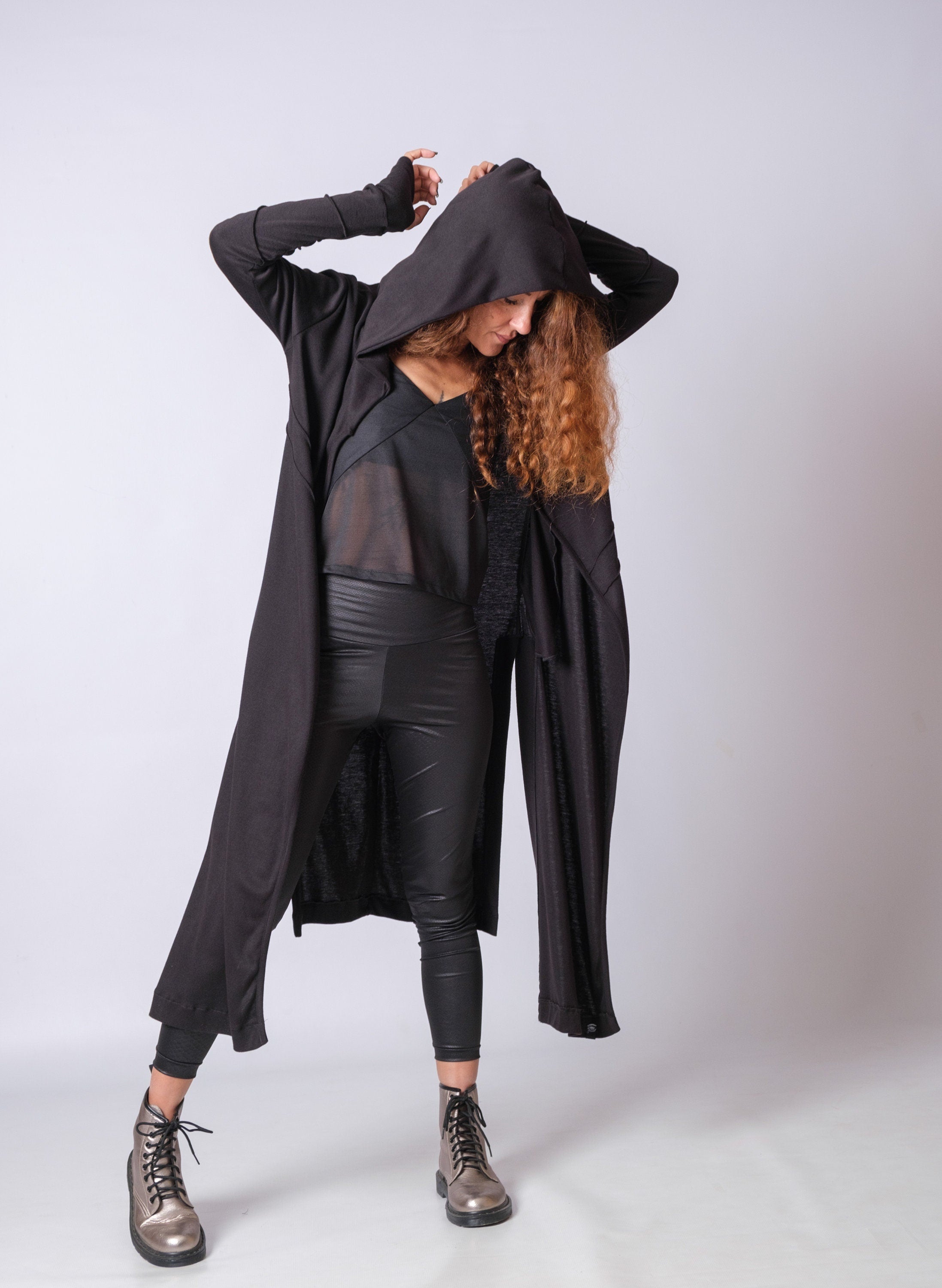 Black Cyberpunk Long Cardigan With Thumb Holes / Casual Side Split Hooded Asymmetric Jacket / Gothic Fashion