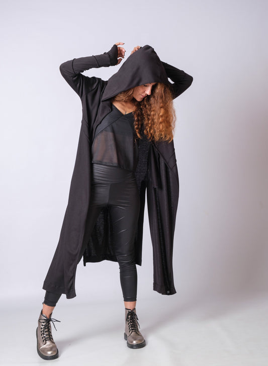 Black Cyberpunk Long Cardigan With Thumb Holes