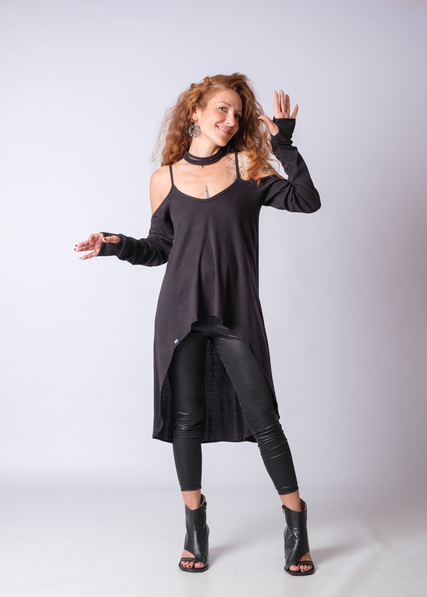 Long Strappy Asymmetric Black Cold Shoulder Top