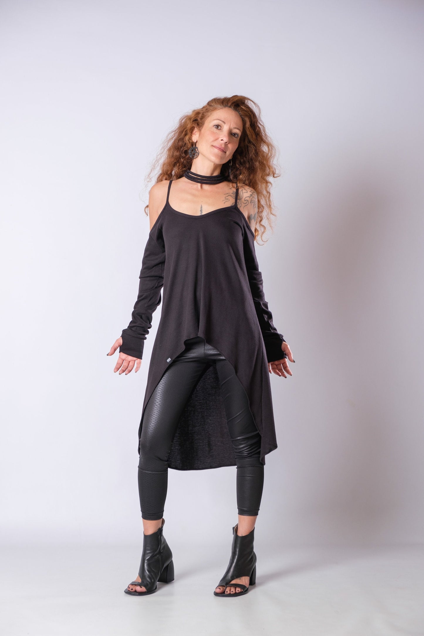Long Strappy Asymmetric Black Cold Shoulder Top