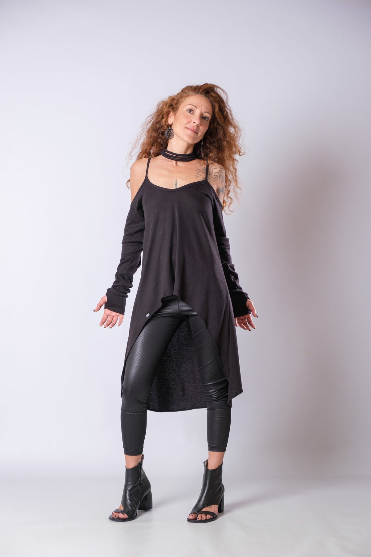 Long Strappy Asymmetric Black Cold Shoulder Top