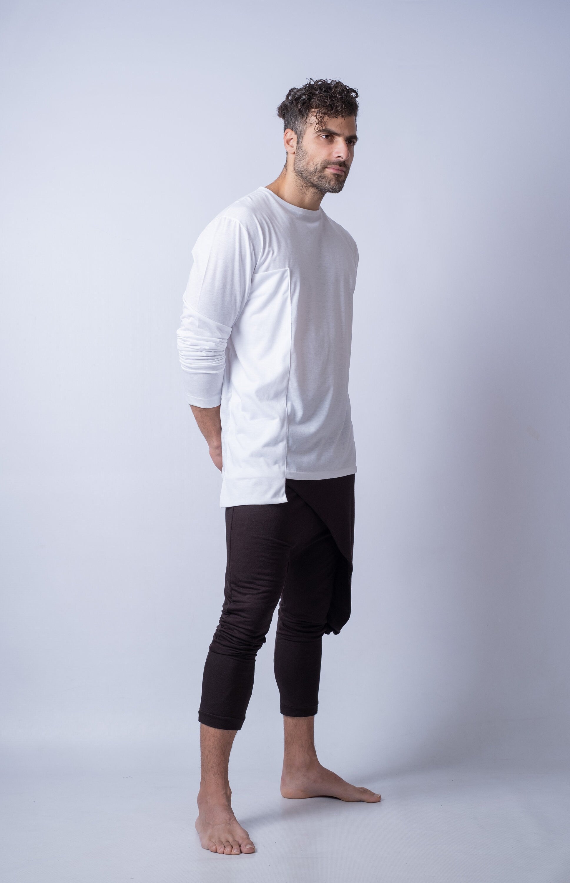 Men's Longline Long Sleeve T-Shirt / Men's Asymmetric Cotton T-Shirt / Casual Men's Long Top / Gift for Him