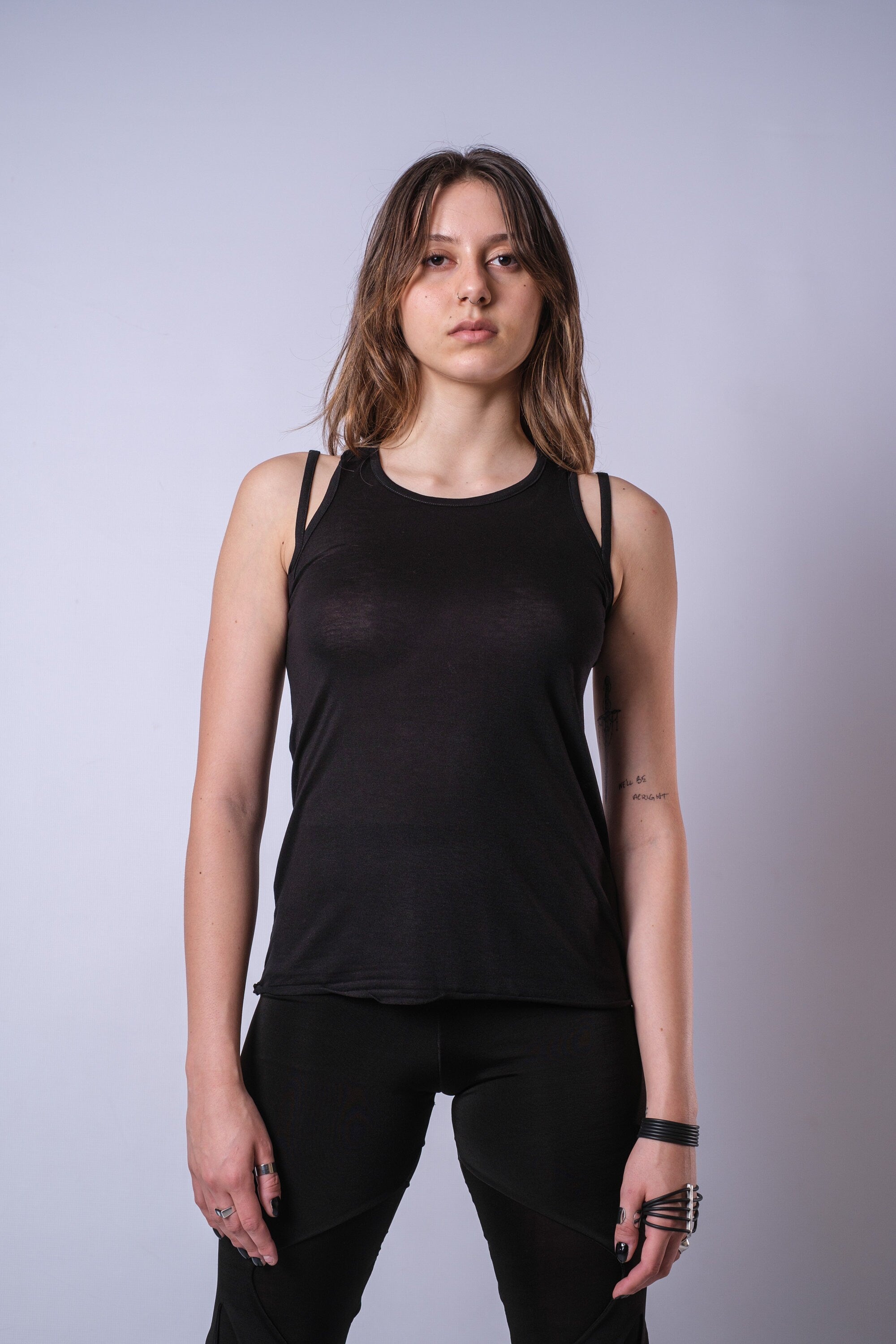 Black Sleeveless Straps Top / High Front Neckline / Summer Tank / Everyday Casual Top / Relaxed Fit / A Line Top / Spaghetti Strap / Basic Everyday Top