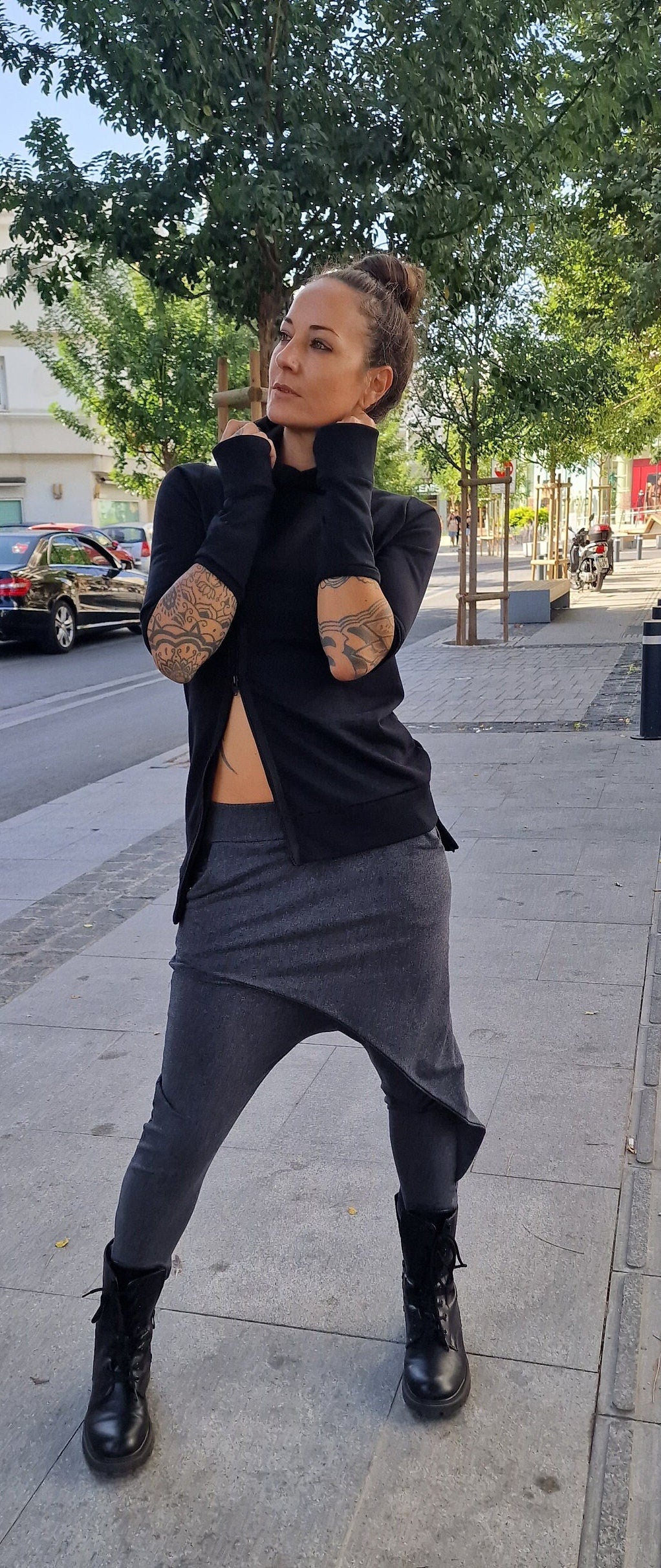 Black Asymmetric Long Sleeves Hooded Sweatshirt