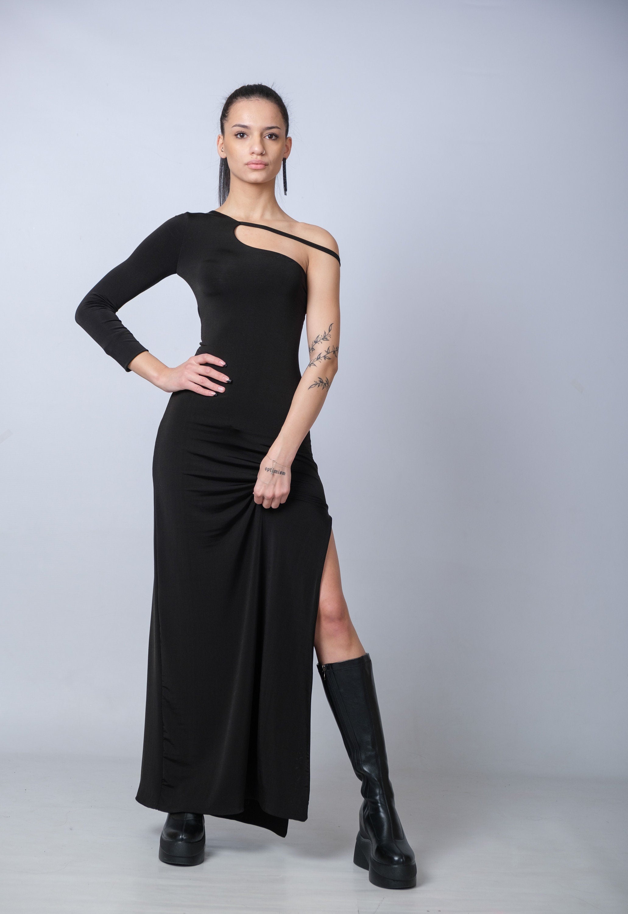 One Shoulder Dress / Asymmetric Black Dress / Cocktail Slit Gown / Long Sleeve Dress / Cut Out Dress / Black Maxi Dress / High Thigh Split Evening Dress