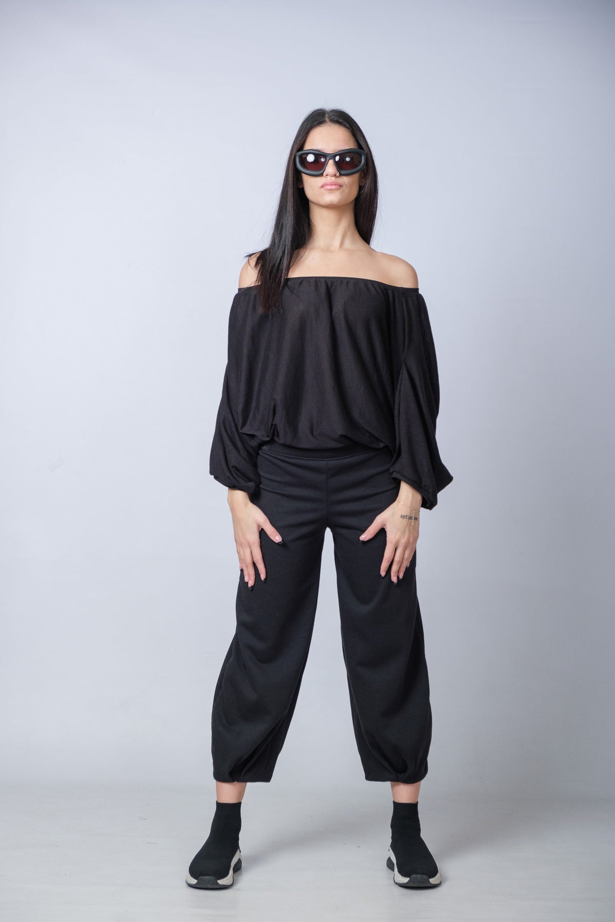 Balloon Sleeve Off The Shoulder Cotton Blouse