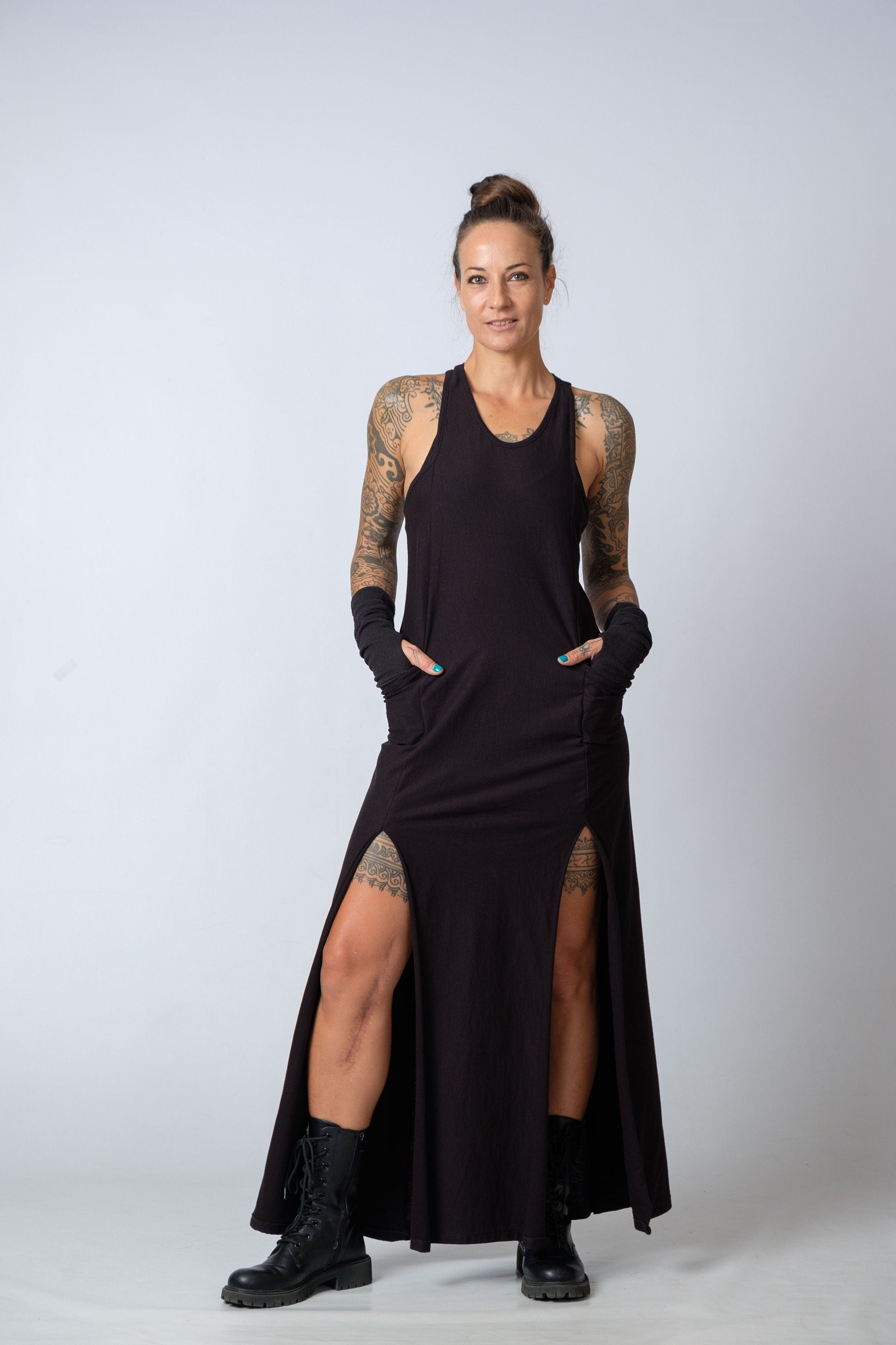 New Maxi Black Racer Back Dress / Cotton Extravagant Side Split Dress / Racer Back Tunic Dress with Pockets / Casual Street Wear