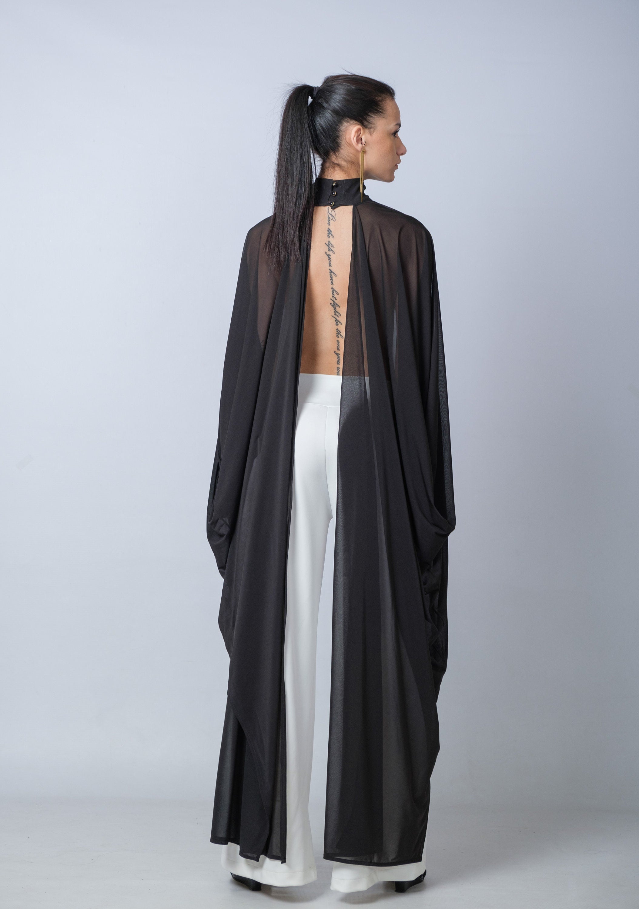 Extravagant Black Sheer Cape Tunic / Mesh Asymmetric Long Top / Transparent Cloak / Turtleneck Blouse / Elegant Backless Top / Luxury Evening Capelet