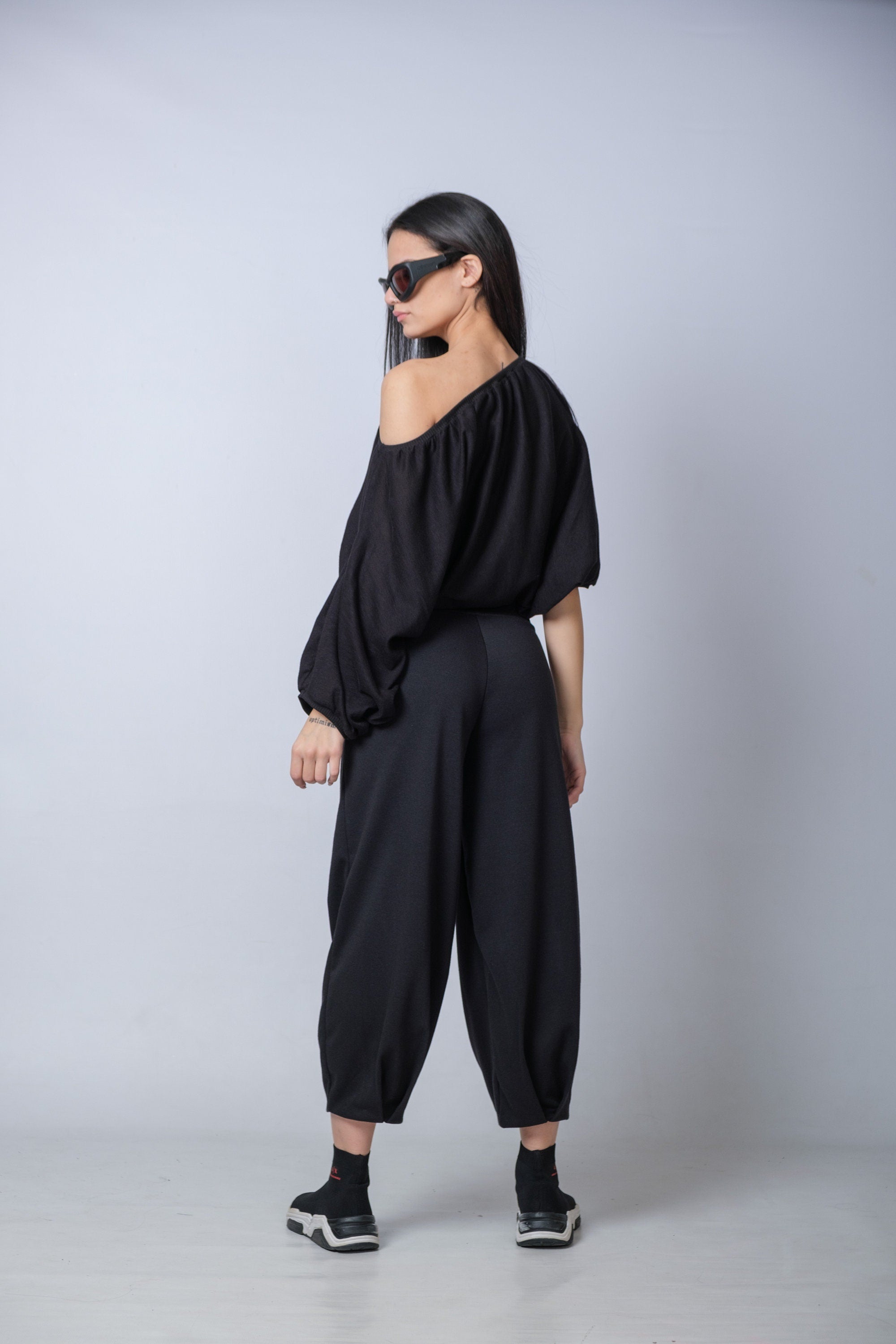 Balloon Sleeve Off The Shoulder Cotton Blouse