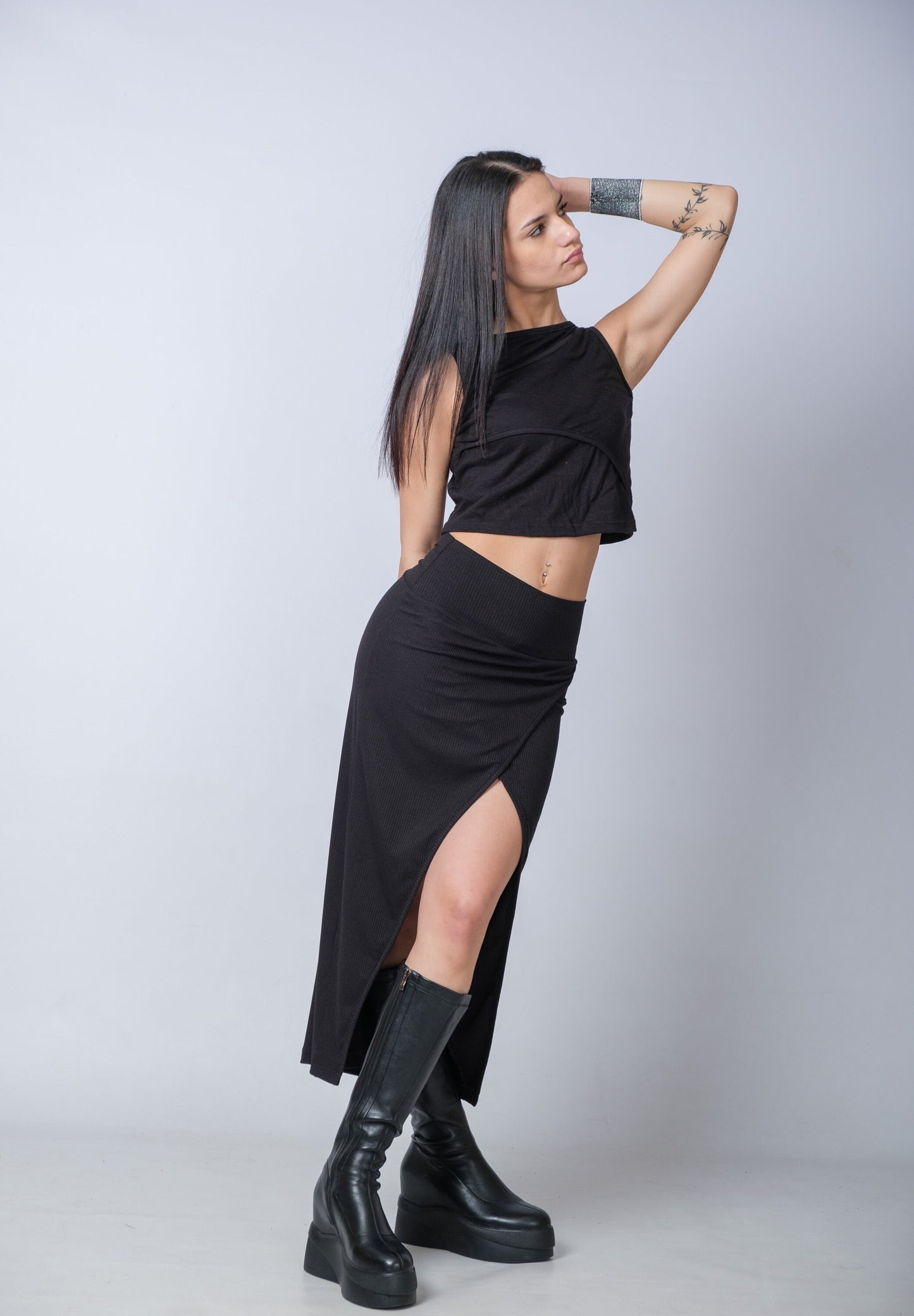 Women's Black High Waisted Soft Heavy Cotton Skirt