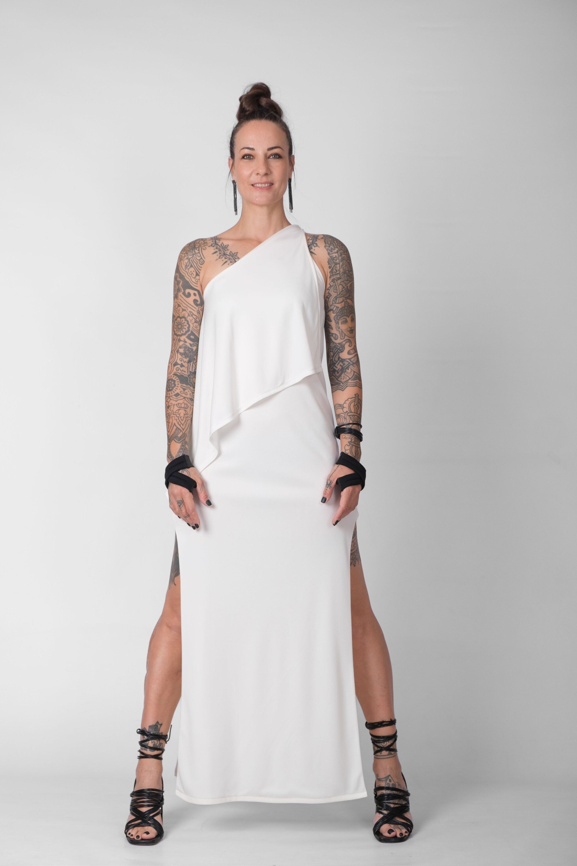 White One Shoulder Elegant Dress / Long Evening Dress / Side Split Maxi Dress / Layered Cocktail Dress / Loose Cocktail Gown / Statement Party Dress