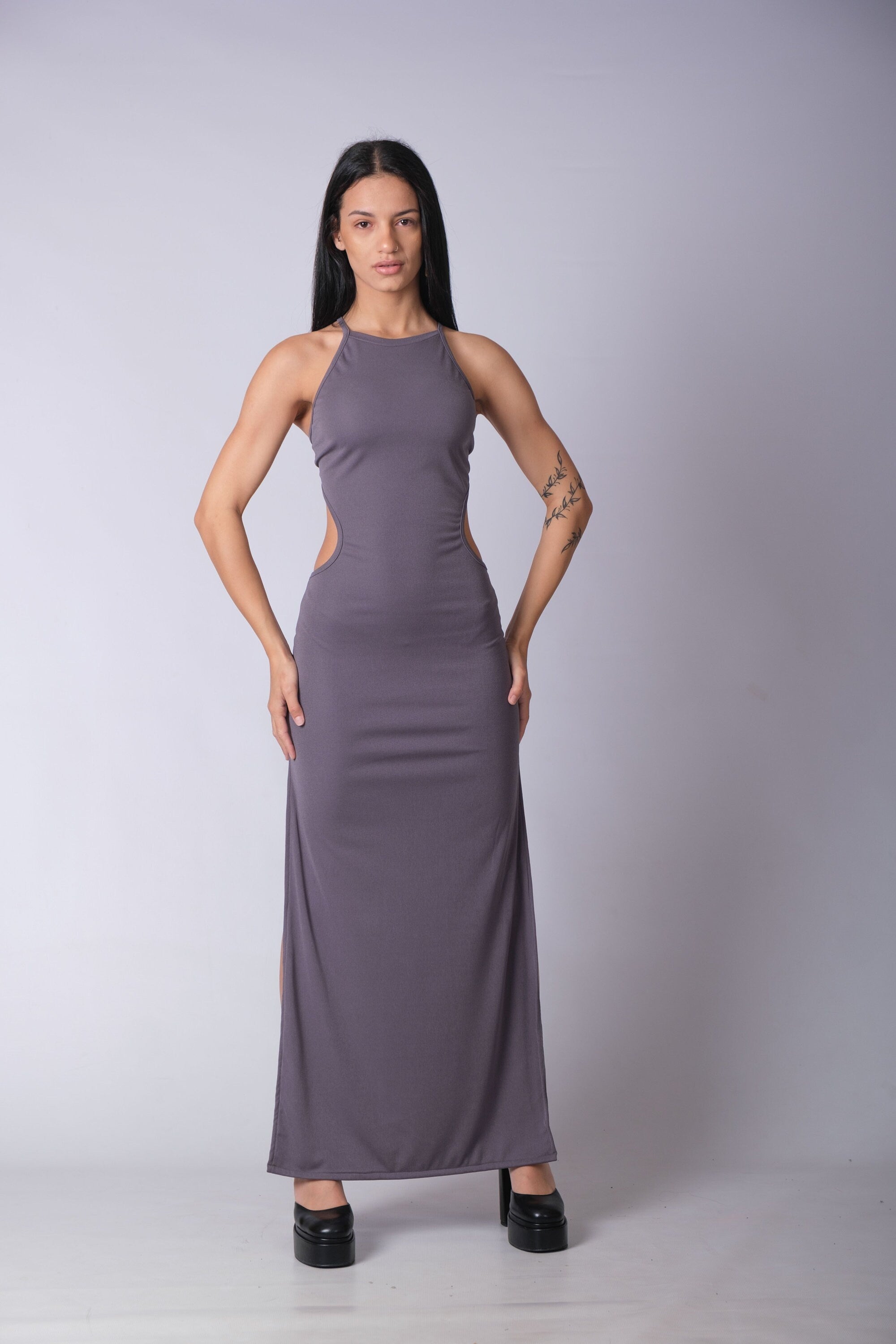 Backless Maxi Dress / Halter Long Dress / Party Dress / Ankle Length Dress / Fitted Sleeveless Dress / A Line Side Split Dress