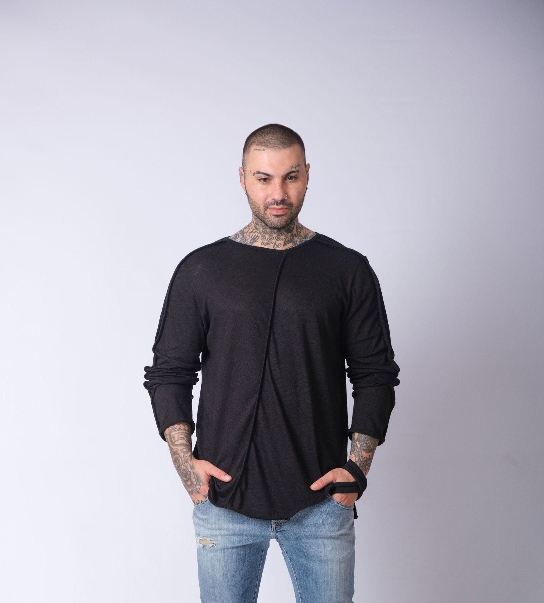 Men's Loose Long Sleeve Top / Black Apocalyptic Shirt / Comfy Festival Wear / Asymmetric Men's Shirt / Burning Man Clothing Men / Oversized Men's Top